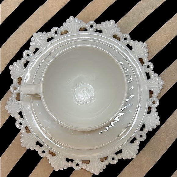 Milk Glass Cup, Saucer & Lace-Edged Bread Plate Trio – Romantic Textured Design - Picture 3 of 17